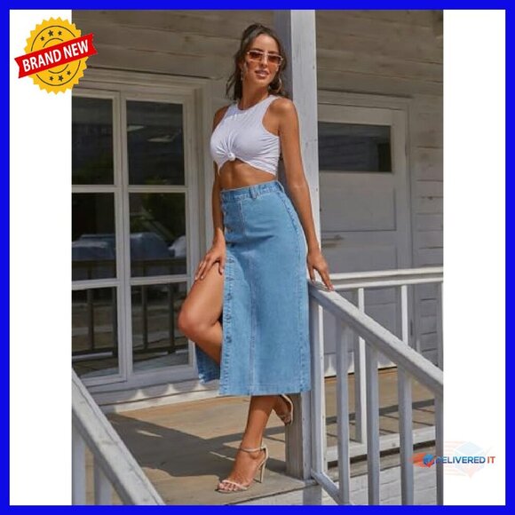 High Waisted Denim Midi Skirt Button Front Slit Women's Casual - Picture 6 of 6